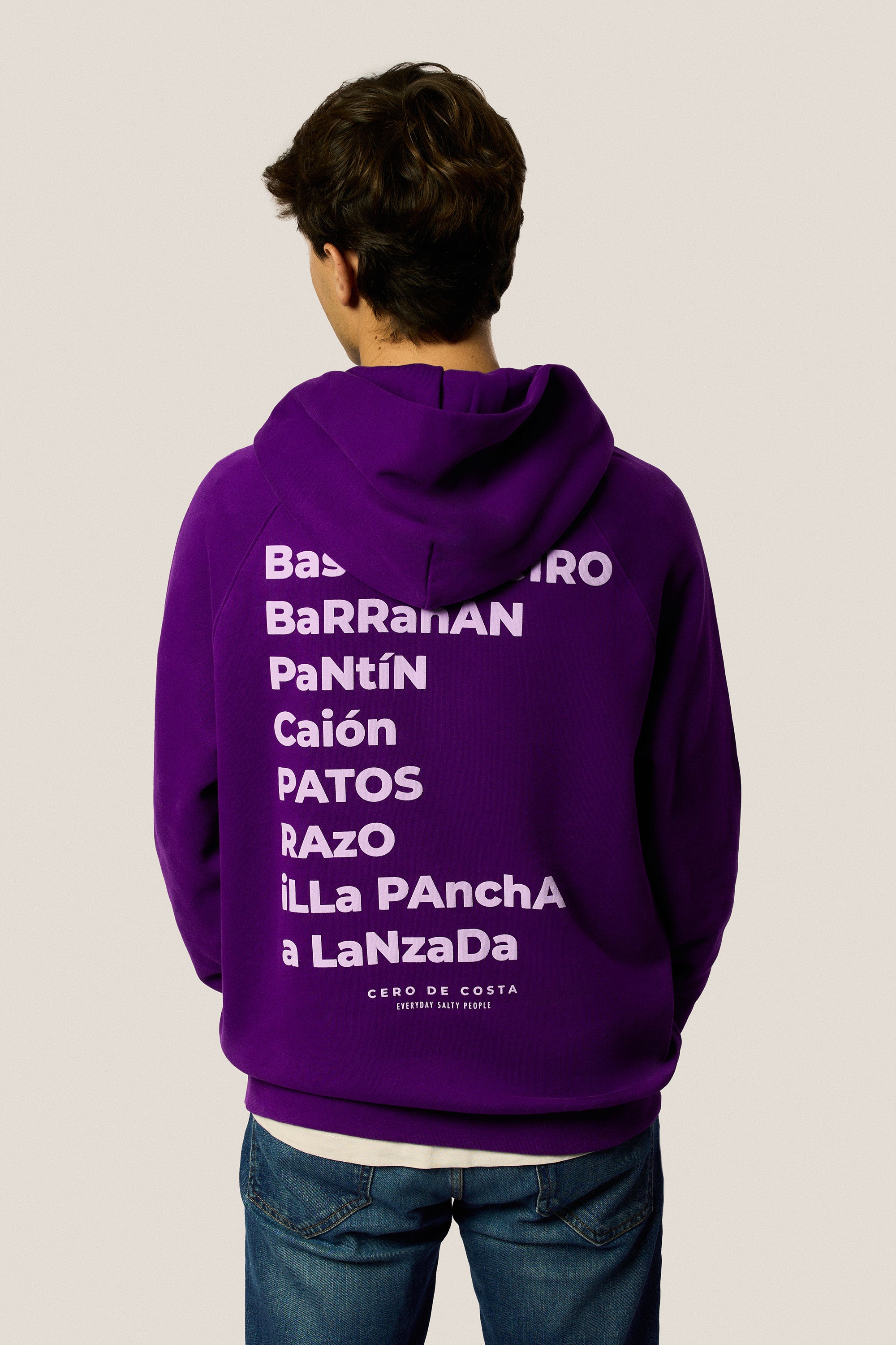 SUDADERA VIOLETA/LILA "CERO DE COSTA" PLAYAS SURF CON CAPUCHA